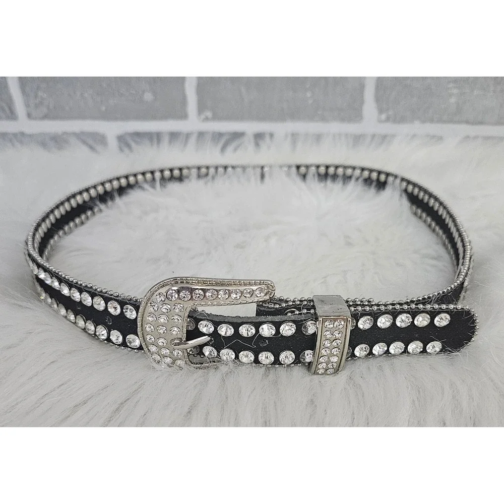 Black Rhinestone Studded Western Belt Silver Buckle Women's Size Small